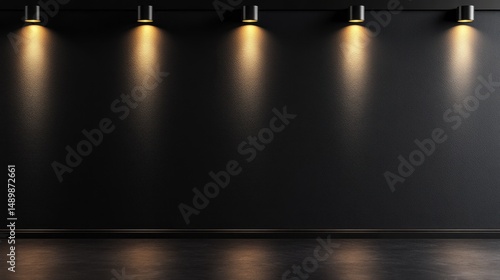 Dark room interior with five spotlights illuminating textured black wall