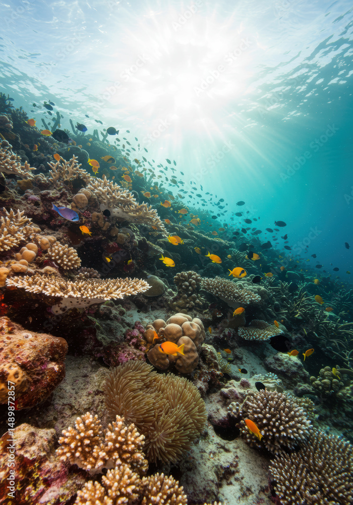 Obraz premium Explore the enchanting underwater world of a thriving coral reef, full of life.