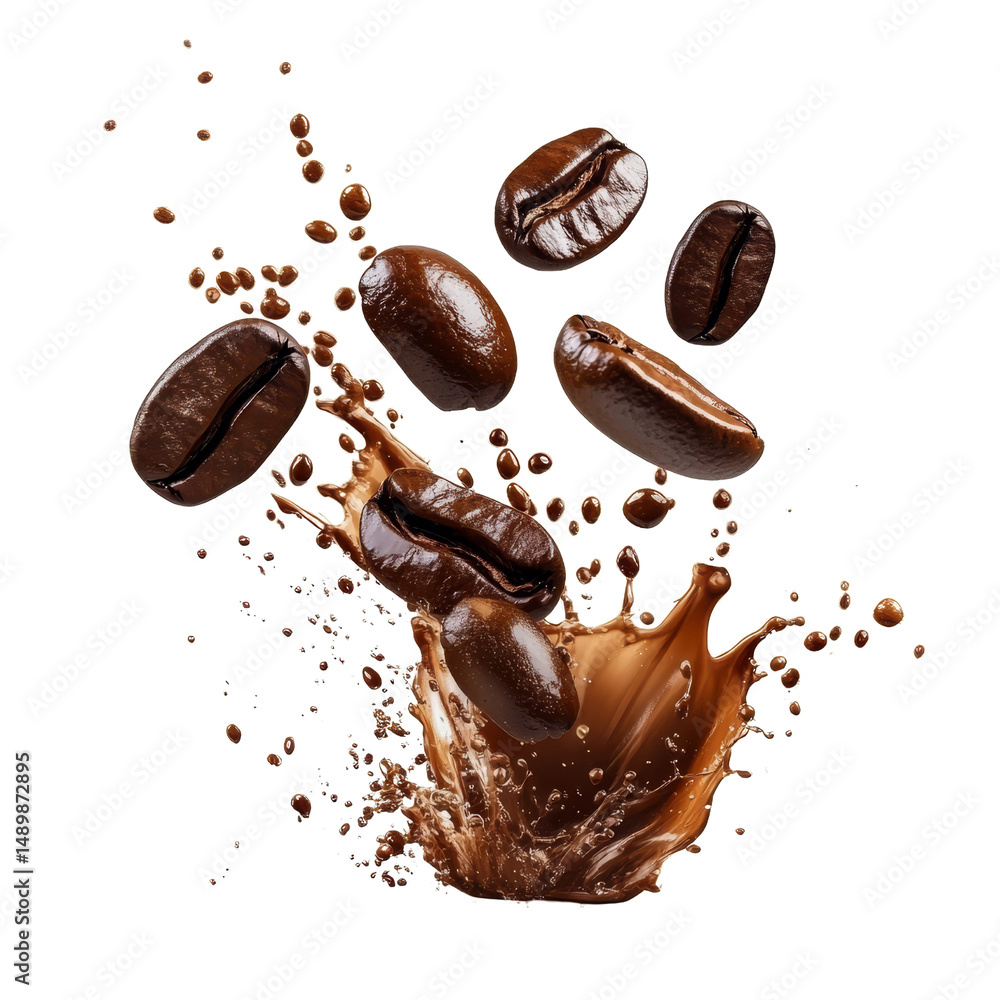 Coffee Beans Splashing in Brown Liquid, Isolated on Transparent Background, Photographic Composition, Coffee, Beverage, Aroma Coffee Beans Splashing in Brown Liquid, Isolated on Transparent Background, Photographic Composition, Coffee, Beverage, Aroma
