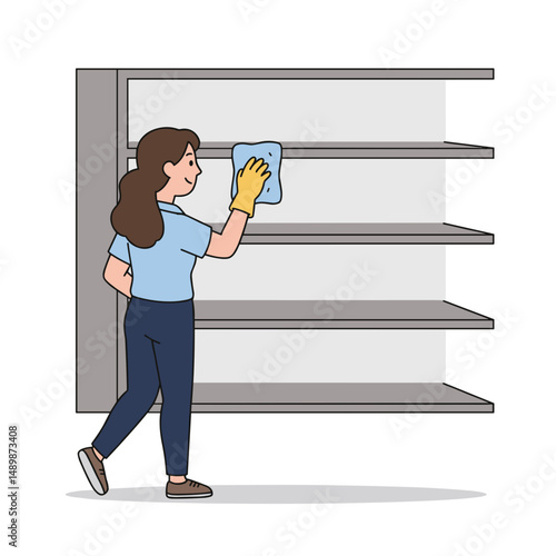 Woman cleaning shelves with a cloth, showcasing dedication to tidiness and organization
