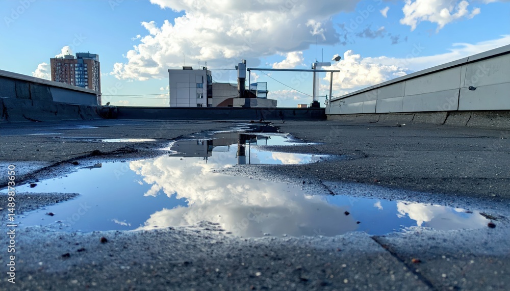 Obraz premium Reflections in Small Puddles on a Rooftop with Blue Sky Clouds
