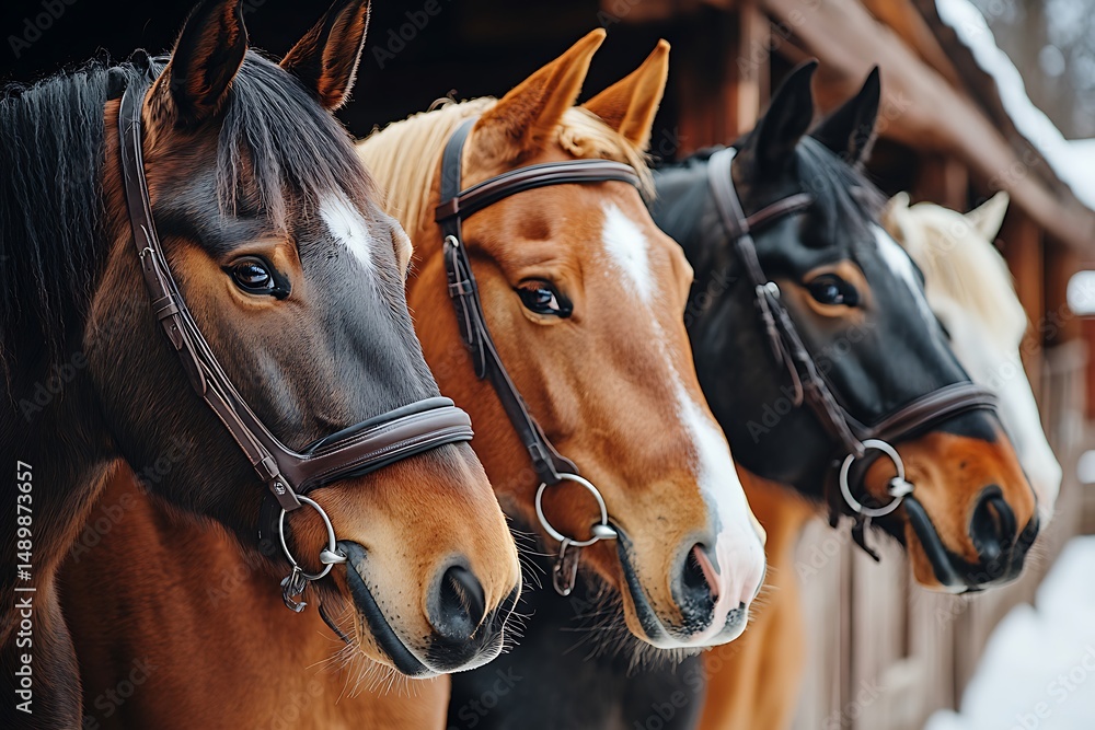 Obraz premium Horses in a stable in winter