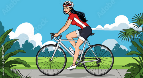Summer healthy sports lifestyle: Cartoon illustration of a woman road cycling on a scenic route with tropical foliage and mountains under a bright sky. Active summer ride