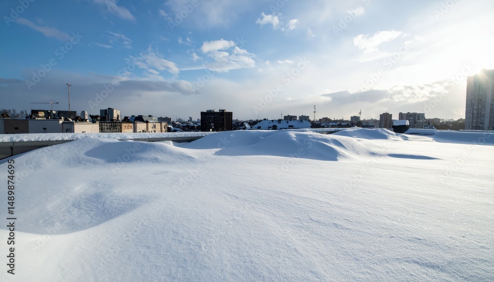 Fototapeta premium Snowdrifts on Rooftop After Blizzard with Clear Sky and Urban View