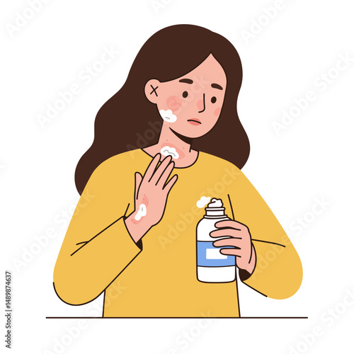 Woman applying allergy medication on her skin, focusing on relief and care