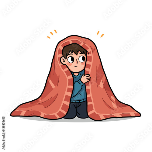 Playful boy hiding under a blanket, showcasing imagination and creativity