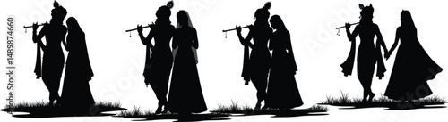 Radha Krishna Black Silhouette Vector | Divine Love Couple Walking and Playing Flute Illustration , Krishna Janmashtami concept .

