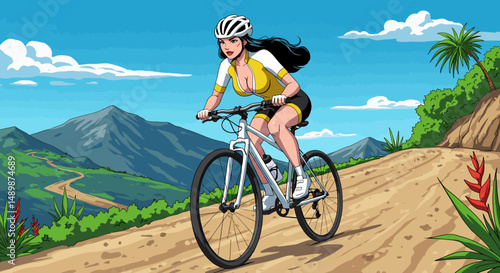 Summer healthy sports lifestyle: Cartoon illustration of a woman downhill mountain biking through a dirt path in tropical landscape with mountains and palm trees. Active summer adventure