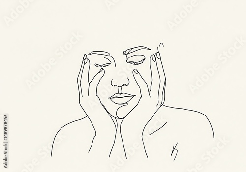 Wallpaper Mural Minimalist line art depicts a woman with eyes closed, hands to face expressing reflection. Torontodigital.ca