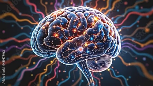 whimsical portrayal of a glowing human brain, bright neural connections dancing with light, vibrant colors symbolizing intellect and creativity, stunningly detailed visual experience high resolution