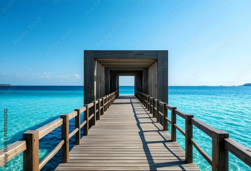Fototapeta premium stylized wooden pier over ocean with arched structure and clear sky