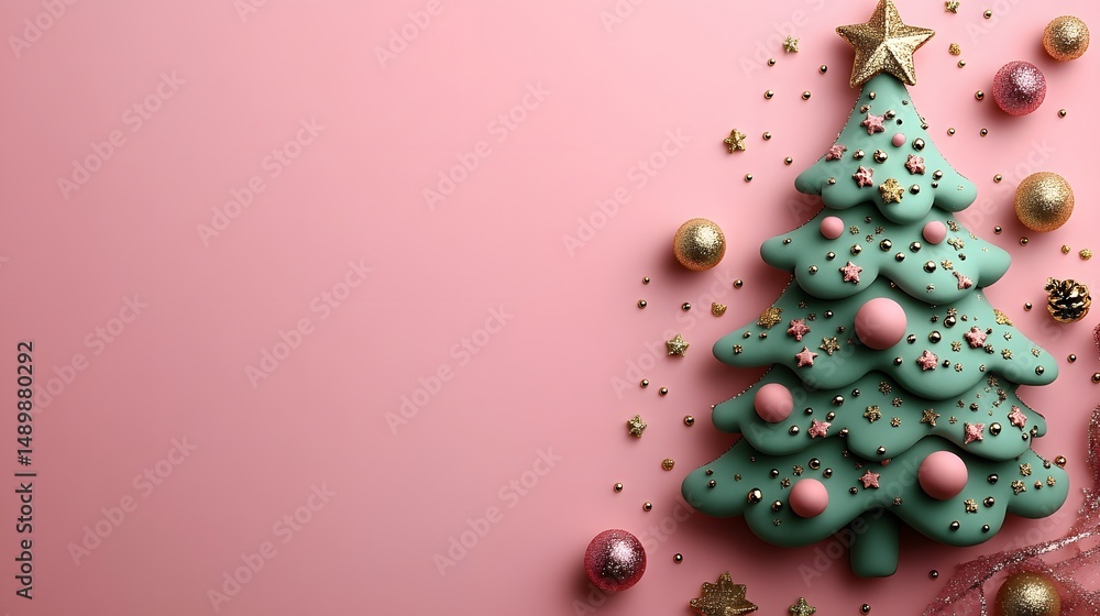 Festive Christmas tree adorned with golden and pink decorations over a pink backdrop Festive Christmas tree adorned with golden and pink decorations over a pink backdrop