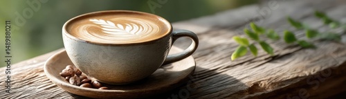 Coffee art latte with milk foam in warm tone morning vibe concept. A beautifully crafted latte served in a rustic coffee cup.