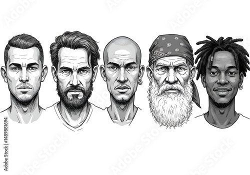 Wallpaper Mural Five diverse men's portraits showcase varied ethnicities, ages, and hairstyles in monochrome style. Torontodigital.ca