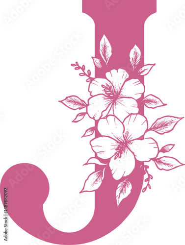 Decorative pink letter J with floral design