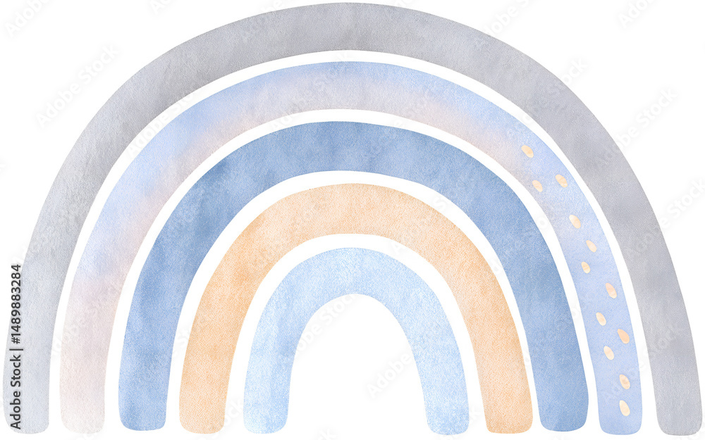 Fototapeta premium Watercolor rainbow illustration in soft blue and neutral tones on transparent background.