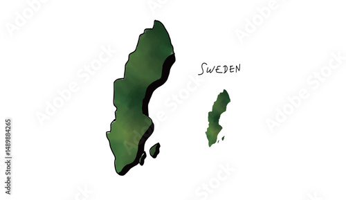 緑の水彩で塗られたスウェーデンの地図の手書きベクターイラスト