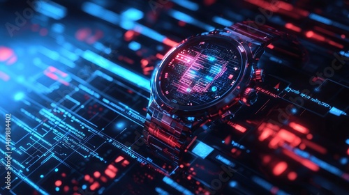 Futuristic Smartwatch on Glowing Data Matrix Background