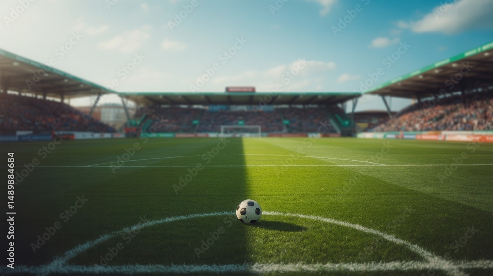 Obraz premium Soccer Stadium with Lush Green Grass Field, Empty Football Arena, Modern Sports Venue, Outdoor Soccer Pitch, Daylight, Clear Sky, Professional Football Stadium Exterior View