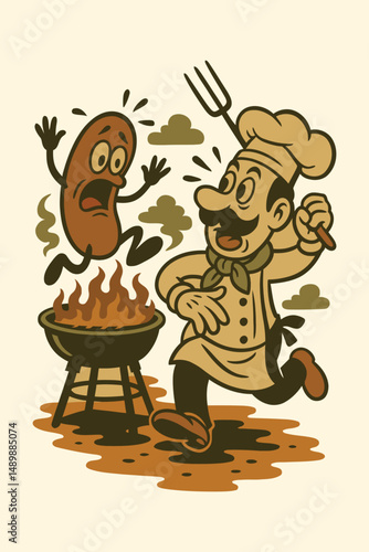 Funny Chef and Sausage BBQ Cartoon