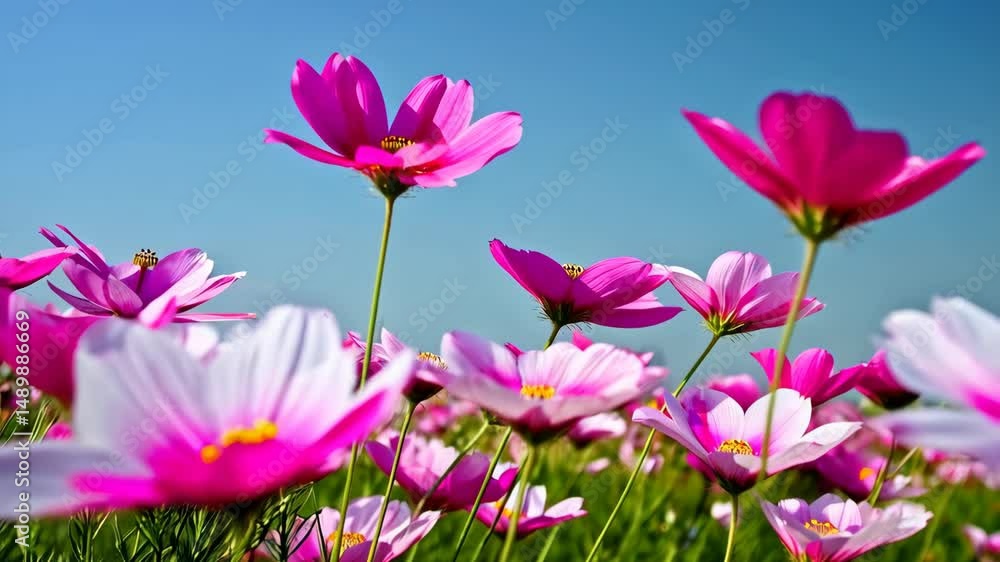 Blooming cosmos flowers in a field against a clear blue sky with vibrant pink and white petals, delicate yellow centers and slender green stems Blooming cosmos flowers in a field against a clear blue sky with vibrant pink and white petals, delicate yellow centers and slender green stems