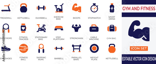 A modern and minimal vector icon set representing various gym and fitness equipment including dumbbells, barbells, treadmill and more. Perfect for fitness apps, workout planners and wellness websites.