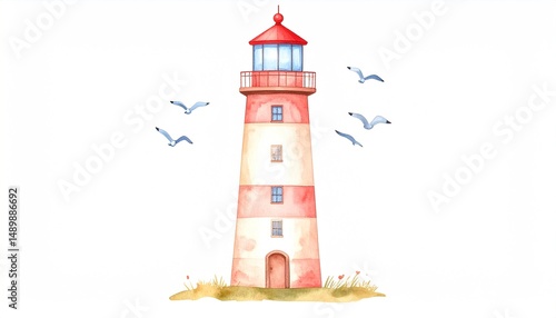 Watercolor illustration of a charming lighthouse design.