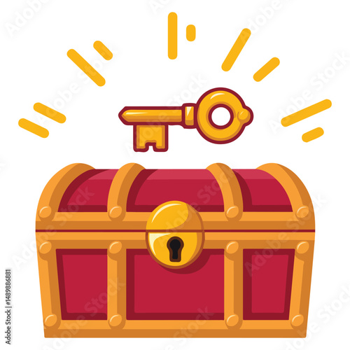 Luxury treasure chest with golden key isolated vector illustration on white background