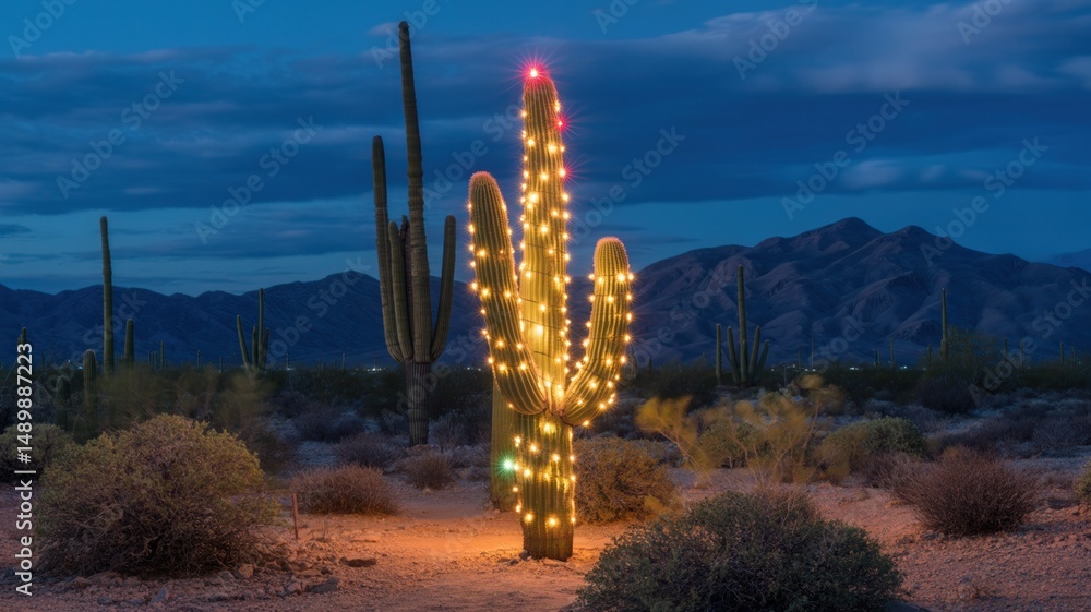 Obraz premium Cactus decorated with colorful Christmas lights glowing brightly in desert at night with majestic mountains in background festive holiday desert scene sparkling lights serene nighttime landscape 