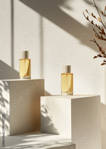 Wallpaper Mural Two amber glass perfume bottles with light wood caps sit on minimalist white cube podiums, bathed in soft sunlight casting shadows on a light wall, next to a dried branch Torontodigital.ca