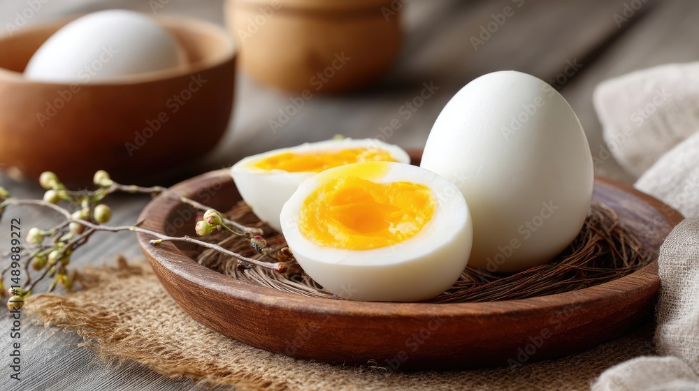 Rustic kitchen with yolk and nutrition from protein concept. Fresh boiled eggs served on a wooden plate with natural decor. Rustic kitchen with yolk and nutrition from protein concept. Fresh boiled eggs served on a wooden plate with natural decor.