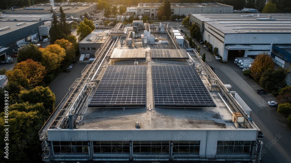 Aerial view of solar panels on factory roof Aerial view of solar panels on factory roof