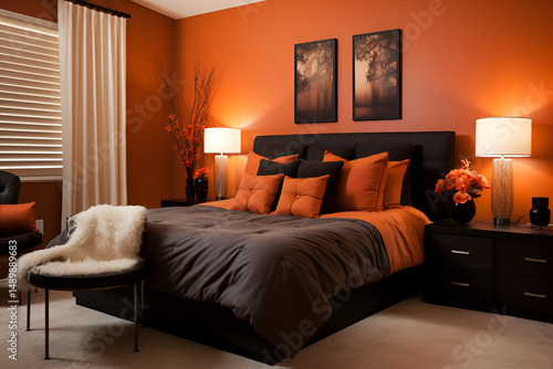 Wallpaper Mural Cory Bedroom With Dark Gray Bedding Orange Walls And Soft Lighting Torontodigital.ca