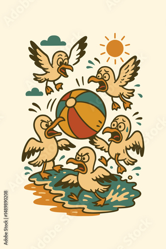 Seagulls Playing with Beach Ball