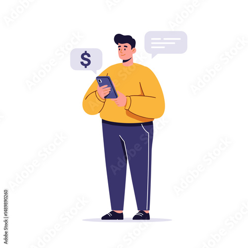 Man checking his phone while discussing financial matters, showcasing digital engagement