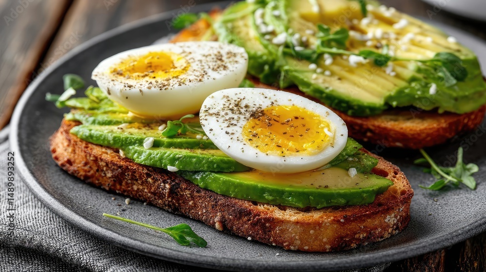 Healthy breakfast with minimal rustic style in kitchen concept. Delicious avocado toast topped with eggs and fresh greens. Healthy breakfast with minimal rustic style in kitchen concept. Delicious avocado toast topped with eggs and fresh greens.