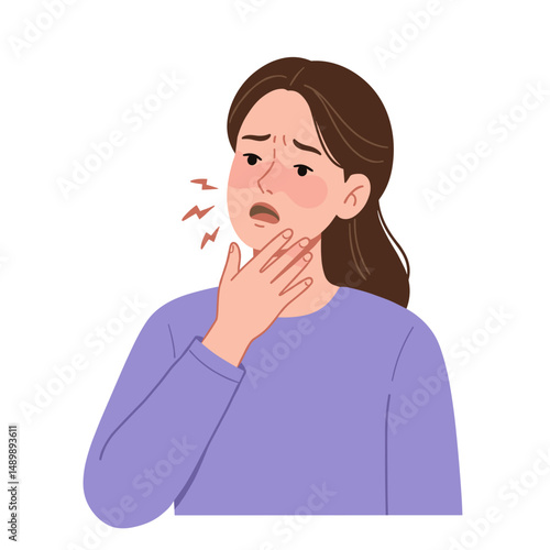 Sick young woman touching her throat with a worried expression 