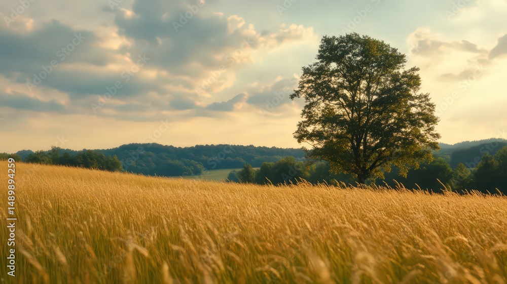 Fototapeta premium Golden Grass Field with a Solitary Tree Under Gentle Backlight in a Peaceful Countryside Landscape