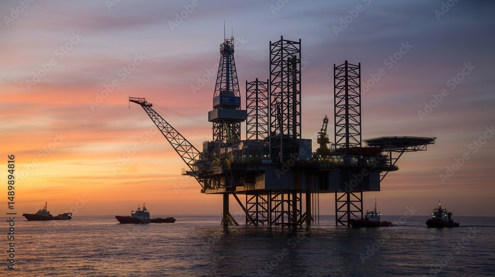 Offshore Oil and Gas Platform at Sea – Industrial Energy Facility and Marine Drilling Rig for Petroleum Extraction, Large-Scale Infrastructure Supporting Offshore Operations in the Energy Industry Offshore Oil and Gas Platform at Sea – Industrial Energy Facility and Marine Drilling Rig for Petroleum Extraction, Large-Scale Infrastructure Supporting Offshore Operations in the Energy Industry