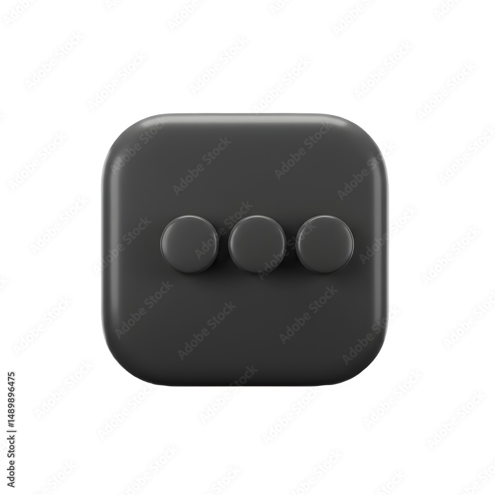 Dark gray square with three round buttons. Minimalist design. 3D icon, plastic illustration style on transparent or white background Dark gray square with three round buttons. Minimalist design. 3D icon, plastic illustration style on transparent or white background