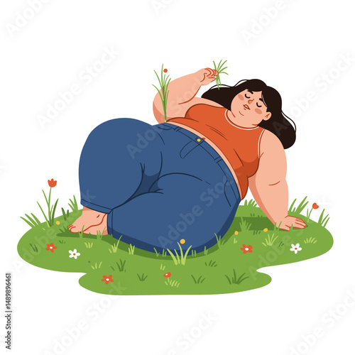 Curvy woman relaxing on the grass with flowers around and copy space