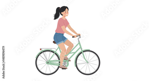 Woman Riding Bicycle with Basket of Vegetables