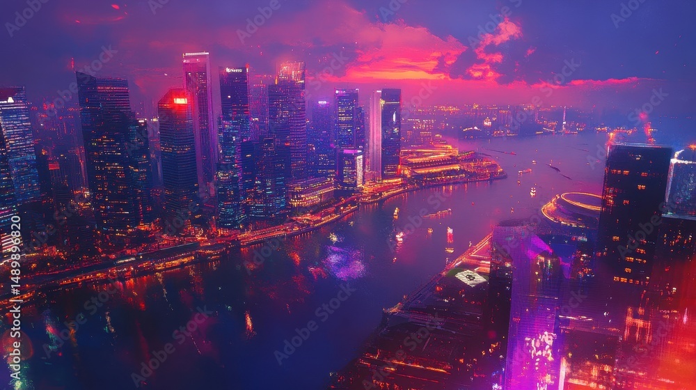 Fototapeta premium Vibrant Night Cityscape Stunning Urban Skyline Illuminated Buildings River Reflections