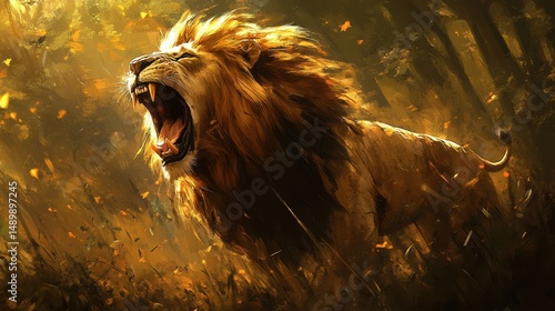 Majestic Roaring Lion in Golden Forest
