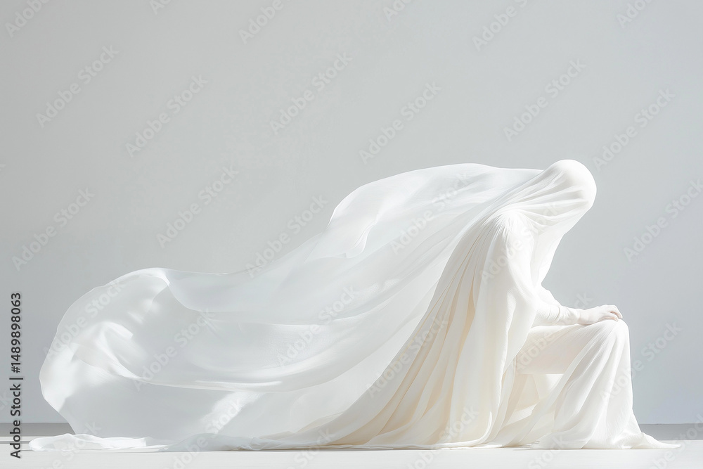 surreal and minimalist composition featuring a figure draped entirely in flowing white fabric, creating an ethereal and otherworldly aesthetic. surreal and minimalist composition featuring a figure draped entirely in flowing white fabric, creating an ethereal and otherworldly aesthetic.