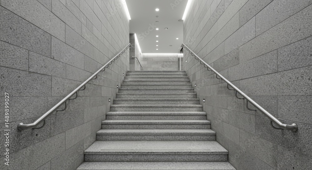 Fototapeta premium Concrete Steps. Going Up Interior Staircase with Textured Stone Walls and Metal Railings