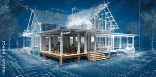 Fototapeta Naklejka Na Ścianę i Meble -  A high-resolution 3D rendering that captures the construction process of a residential house from concept to structure. Generative AI