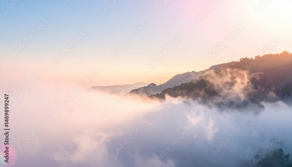 Fototapeta premium Breathtaking sunrise over misty hills landscape photography serene nature environment aerial viewpoint