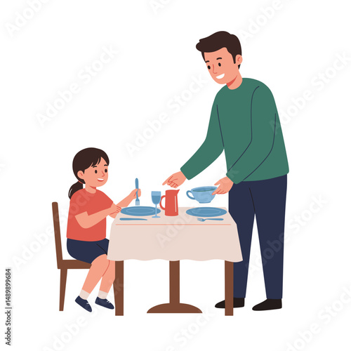 Father serving dinner to daughter at the table while enjoying quality family time