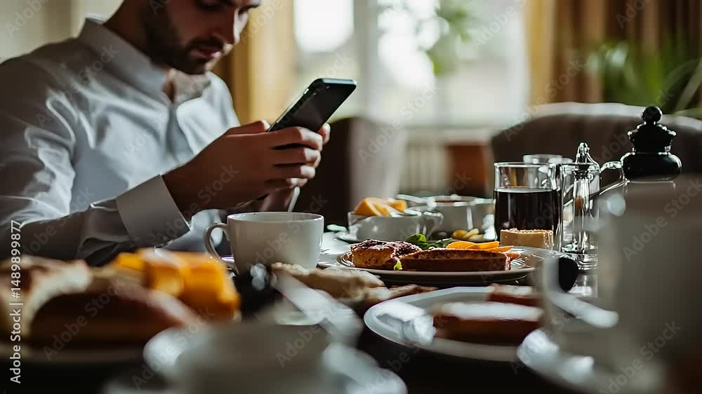 Man enjoying a leisurely breakfast with coffee, pastries, and fruits while using his smartphone indoors Man enjoying a leisurely breakfast with coffee, pastries, and fruits while using his smartphone indoors